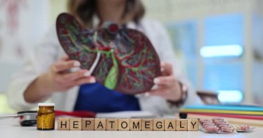 Tahta bloklardan oluşan Hepatomegali 'ye mesaj at ve doktor karaciğer anatomik modelini sunsun. Kadın hekim hastanedeki potansiyel hastalık riskleri konusunda uyardı