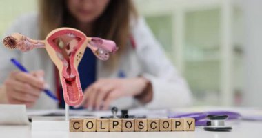 Tahta bloklara Colposcopy ve masadaki eğitim için uterus modeline metin yaz. Kadın doktor klinik çalışma alanında jinekolojik muayeneyi belgeledi
