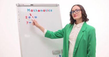 Genç bayan öğretmen beyaz tahtada temel matematik denklemlerini açıklıyor. Pozitif ilkokul öğretmeni beyaz arka planda yavaşlama dersi veriyor
