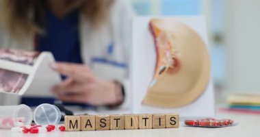 Doktor kadın göğüs ve Mastitis teşhisinin anatomik modelinin yakınındaki ultrason görüntülerini inceliyor. Tedavi seçenekleri ve hasta bakımının araştırılması