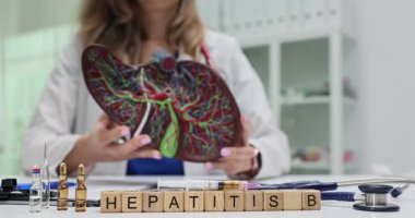 Doktor karaciğer modelini tahta bloklardaki Hepatit B sözcüğünün üzerinde tutuyor. Kadın hekim konferansta öğrencilere vücut parçası hastalığının nedenlerini açıklıyor