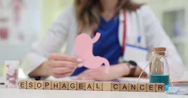Doktor, klinik masasında Esophageal Kanser olan küpleri sergilerken kağıt mideyi tutuyor. Farkındalığın önemi ve sağlık hizmetlerinde erken teşhis