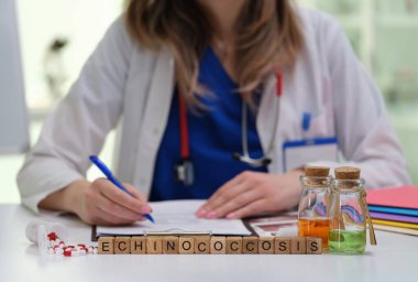 Bir sağlık uzmanı, bir laboratuvar ortamında özenle notlar yazarken, ekinokozu dikkatlice inceler.