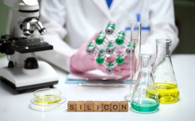 Bilimsel araştırma ve araştırma için silikon modeli, deney tüpleri ve mikroskobu olan detaylı bir laboratuvar sahnesi.