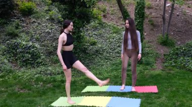 Kadınlar çimenli alandaki renkli paspaslar üzerinde bacak egzersizleri yapıyorlar. Yeşillik yeşilliklerle çevrili doğadaki fitness oturumunun keyfini çıkarıyorum.