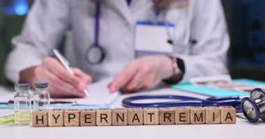 Bir sağlık uzmanı, çeşitli tıbbi gereç ve gereçlerin bulunduğu bir hastanede hipernatremiya belgesi hazırlar.