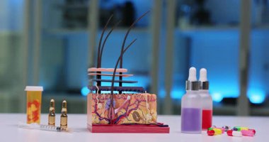 Farklı serum şişeleri ve enjeksiyonlarla birlikte saç yapısını etkili bir şekilde gösteren gerçekçi bir model.