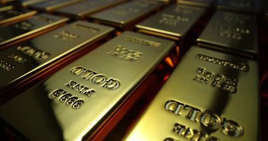 Saklı kasada işaretleri olan yumuşak, parlak altın külçeler. Banka deposunda hırsızlıktan saklanan pahalı metaller. Mali güvenlik