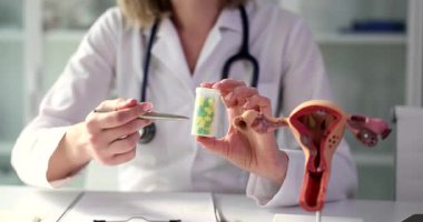 Jinekolog elinde ilaç şişesi tutuyor. Masasında rahim modeli olan özellikleri açıklıyor. Kadın doktor üreme sağlığı için takviye almayı öneriyor.