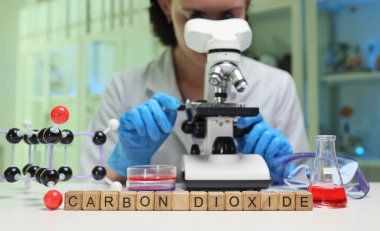 Kendini adamış bir araştırmacı kontrollü bir laboratuvar ortamında mikroskop altında karbondioksiti dikkatle inceliyor.