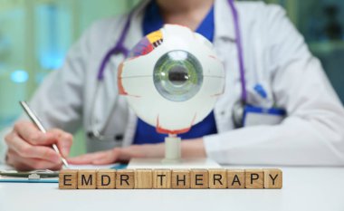 Bir sağlık uzmanı tedavi amaçlı tasarlanmış eşsiz bir göz aygıtı kullanarak EMDR terapisi yürütüyor.