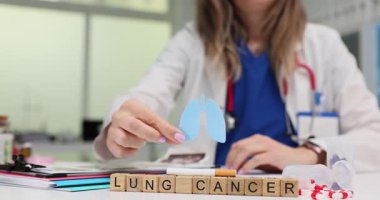 Ahşap bloklar, akciğer kanserinin mavi akciğer kesiği tutan kadın doktorların deyimidir. Onkolojist, randevuda akciğer kanserinin teşhis riskini sembolize ediyor