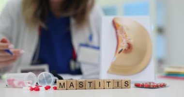 Bloklardaki matitis teşhisi ve hastanede ultrason görüntülerini inceleyen doktor. Kadın göğsünün anatomik modeli ile hastalığın teşhisi