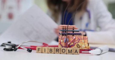 Deri ve kadının anatomik modelinin yanındaki kelime Fibroma tedavi için reçete yazıyor. Fibröz ve bağ dokusundan oluşan iyi huylu tümörler.