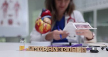 Endokardit kelimesi kalp modelinin yanındaki tahta bloklarda görülüyor. Tıbbi tarama ve sıvı dolu tüp kardiyak enfeksiyon analizi ile ilgilidir.