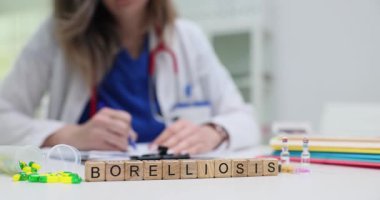 Doktor masasında Borreliosis 'le birlikte tahta bloklara notlar yazıyor. Lyme hastalığı ve tedavi süreciyle ilgili tıbbi araştırma ve belgeler