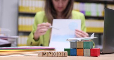 Minyatür uçak ve konteynırların koyduğu tahta fayanslardan ithal et. Ofis çalışanı, küresel ticaret özelliklerini açıklayan belgeleri meslektaşlarına sundu