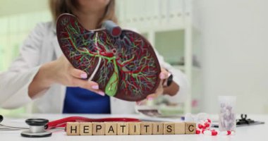 Tahta bloklarda Hepatit C, masada doktor anatomik karaciğer modeli tutuyor. Karaciğer sağlığına odaklanan Hepatit C teşhisi ve tedavisi