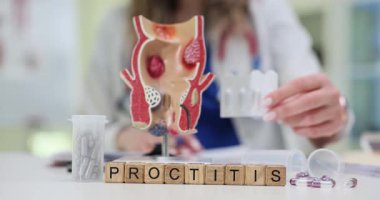 Tahta küpler rektum anatomik model ve haplar tarafından yerleştirilmiş Proktitis 'i heceler. Kadın doktor, iltihaplanmayı derinlemesine araştıran bir tedavi planı hazırlıyor.