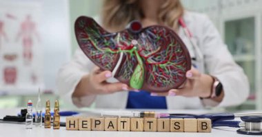 Tahta bloklar Hepatit B ile yazılıyor. Ampul ve karaciğer modelinin yanında kalıyor. Doktor Hepatit B enfeksiyonunu açıklamak için detaylı karaciğer organ modeli tutuyor.