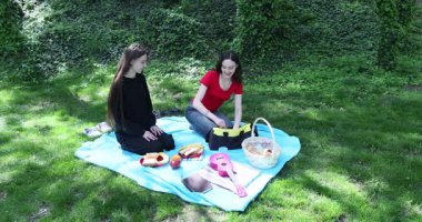 Mutlu kadın, piknik battaniyesinde gölgede oturan kız arkadaşı için bira alır. Neşeli genç dişiler ilkbaharda doğal parkta yemek yemekten hoşlanırlar.