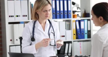 Memeli bilimci, muayene sırasında kadın hastaya meme modelini gösteriyor. Uzman teşhisi açıklıyor ve riski belirten tarama planı öneriyor