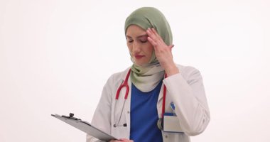 Tesettürlü kadın doktor panoyu tutuyor ve el ile şakağı ovuyor. Müslüman hekim vardiya sırasında baş ağrısı çekiyor ve not yazdıktan sonra planlar bozuluyor