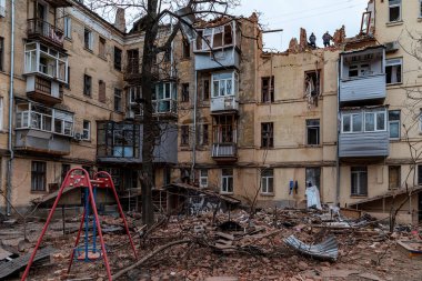 Kharkiv, Kharkiv Oblast  Ukraine - January 30 2023: Searching for people and clearing the rubble after a Russian S-300 missile hit an apartment building in central Kharkiv