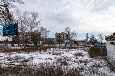 Izyum, Kharkiv Oblastı Ukrayna - Şubat 03 2023: İşgalden önce Rus birlikleri tarafından yok edilen bir kasaba 