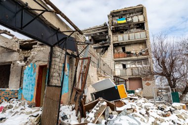 Izyum, Kharkiv Oblastı Ukrayna - Şubat 03 2023: İşgalden önce Rus birlikleri tarafından yok edilen bir kasaba 