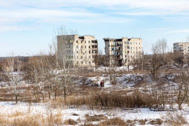 Izyum, Kharkiv Oblastı Ukrayna - Şubat 03 2023: İşgalden önce Rus birlikleri tarafından yok edilen bir kasaba 