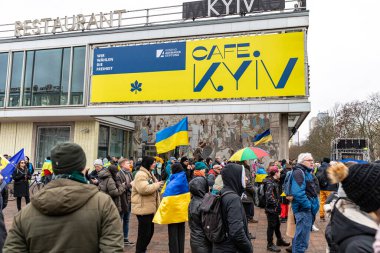 Berlin, Germany - 24 February 2023: Demonstration in support of Ukraine on the first anniversary of Russias invasion of Ukraine.