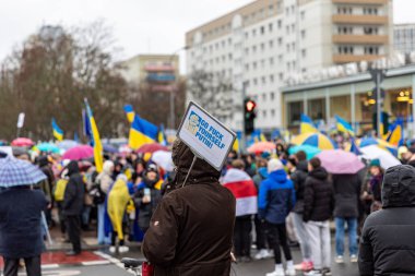 Berlin, Germany - 24 February 2023: Demonstration in support of Ukraine on the first anniversary of Russias invasion of Ukraine.