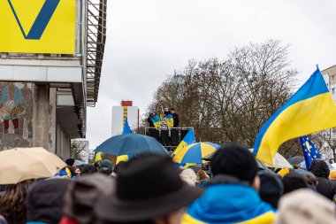 Berlin, Germany - 24 February 2023: Demonstration in support of Ukraine on the first anniversary of Russias invasion of Ukraine.