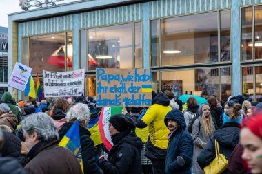Berlin, Germany - 24 February 2023: Demonstration in support of Ukraine on the first anniversary of Russias invasion of Ukraine.