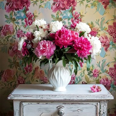 Beyaz bir vazoda pembe ve beyaz şakayıkların kompozisyonu renkli bir duvar kağıdının arka planına karşı.