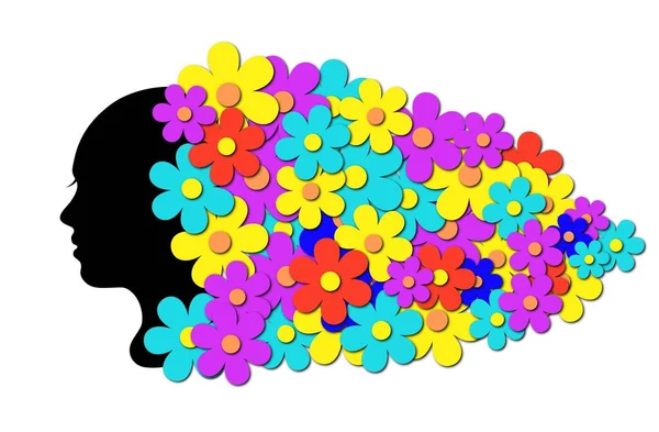Bir kızın silueti, soyut renkli çiçekler.