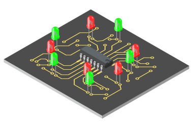 İzometrik görünümde yazdırılmış devre kartı, vektör illüstrasyonu