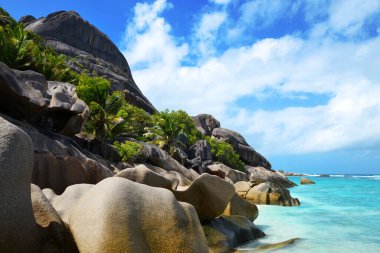 La Digue, Hint Okyanusu, Seyşeller 'in tropikal adasının kıyıları.