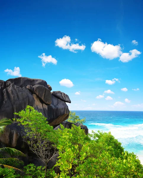 Granieten Rots Het Eiland Digue Seychellen Tropische Reisbestemming — Stockfoto