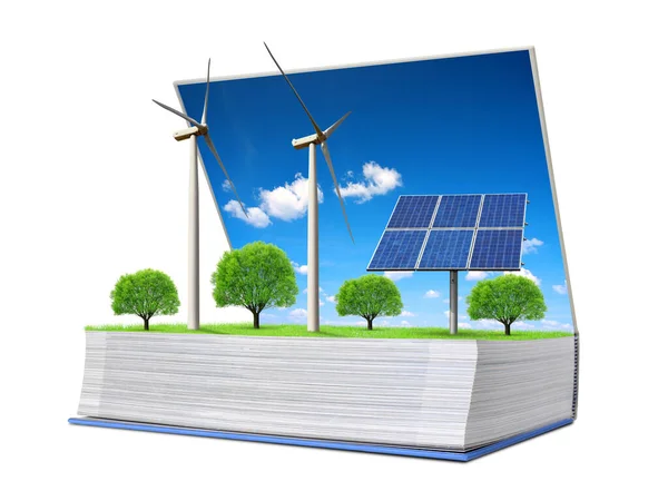 白い背景に分離された太陽光パネルと風力タービンと生態学的な本 クリーン エネルギーの概念 — ストック写真