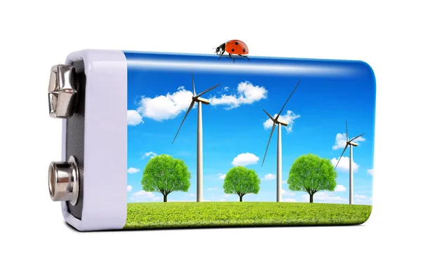 Baterie Větrnými Turbínami Izolované Bílém Pozadí Koncept Udržitelných Zdrojů — Stock fotografie