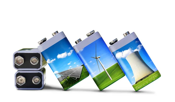 Batería Con Paneles Solares Turbinas Eólicas Central Nuclear Aislada Sobre Imagen De Stock