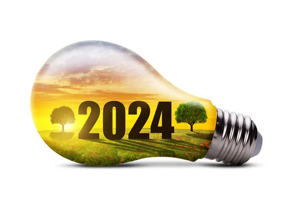 Eco Led Лампочка Номером 2024 Изолированы Белом Фоне Зеленая Энергия Стоковое Изображение