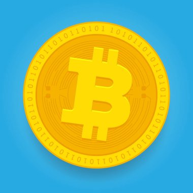 Bitcoin BTC altın sikke mavi arka planda izole. Kripto para birimi vektör çizimi 10 şablona sahip.