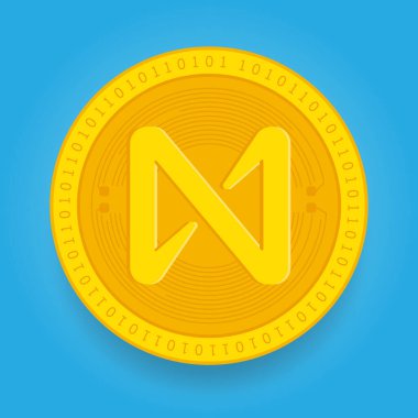 Protokol yakınındaki altın sikke mavi arka planda izole edilmiş. Kripto para birimi vektör çizimi 10 şablona sahip.