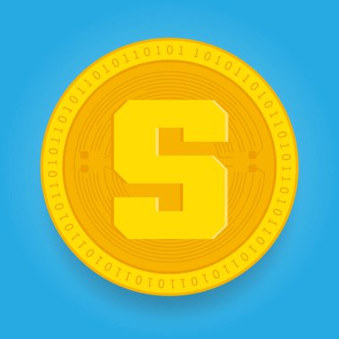 Kum havuzu altın sikkesi mavi arka planda izole edilmiş. Kripto para birimi vektör çizimi 10 şablona sahip.