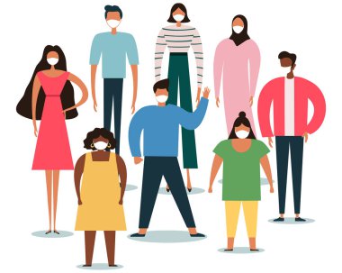 Hastalığı, gribi, hava kirliliğini, kirli havayı ve dünya kirliliğini önlemek için maske takan bir grup insan. Düz bir şekilde vektör illüstrasyonu