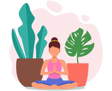Meditasyon yapan genç bir kadın. Vektör illüstrasyonu