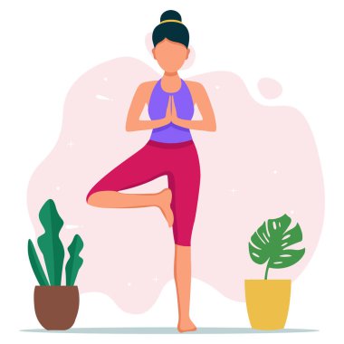 Meditasyon yapan genç bir kadın. Vektör illüstrasyonu